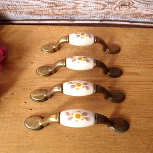 Vintage antique brass and floral painted drawer pulls, Shabby chic porcelain drawer handles, Dresser drawer pulls, Brass cabinet pulls.