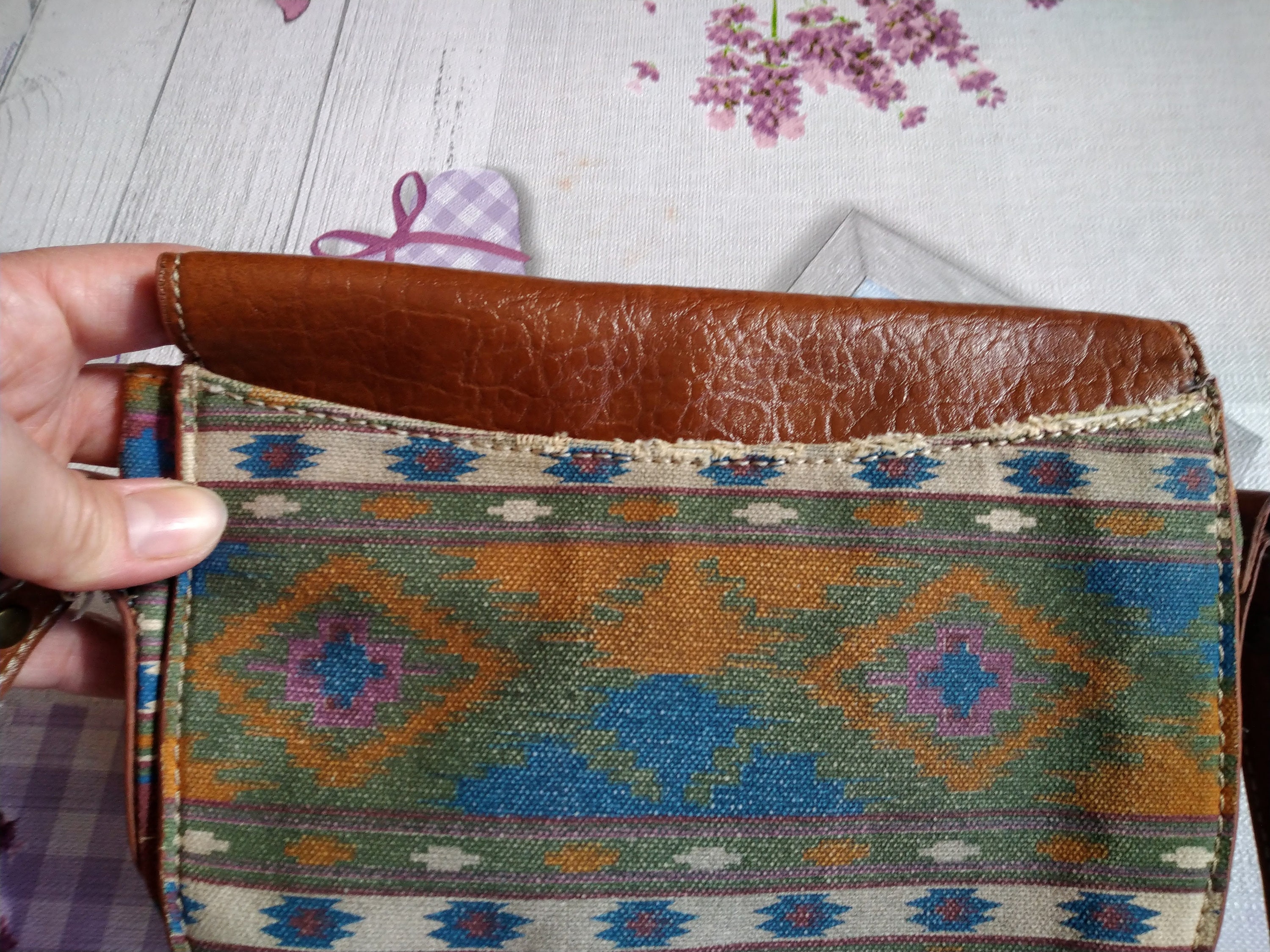 Vintage Ecote Brown Leather Tapestry Women's Crossbody