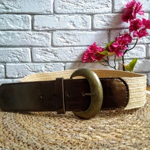 Vintage Belt, Beige Stretch Canvas, Brown Patent Leather Tabs, Fits 29-33&quot; (74-84 cm)