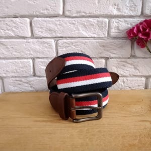 Vintage Brown Leather Tabs & Striped Elastic Belt, 34-38 in (87-97 cm) Fit, Waist Belt