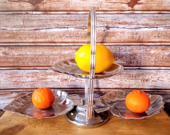 Plateau pliant à plusieurs niveaux en chrome vintage : support à cupcakes en forme de feuille