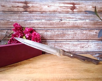 Vintage Stainless Steel Cutting Knife: 8" Blade, Brown Handle