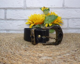 Black Leather Belt With Vintage Solid Brass Turtle Belt  display picture 3