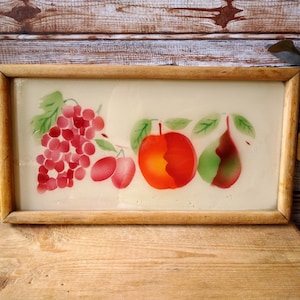 Vintage wooden tray with glass, Fruit decor, Trinket tray, Tray with handles, Vanity tray, Wood tray, Rectangle tray, Hand made tray.
