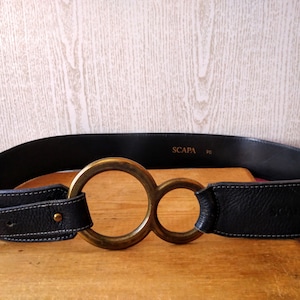 Vintage black leather belt SCAPA, Leather belt for women with round double ring buckle, Fits 36&quot;-37&quot;, Cinch belt.