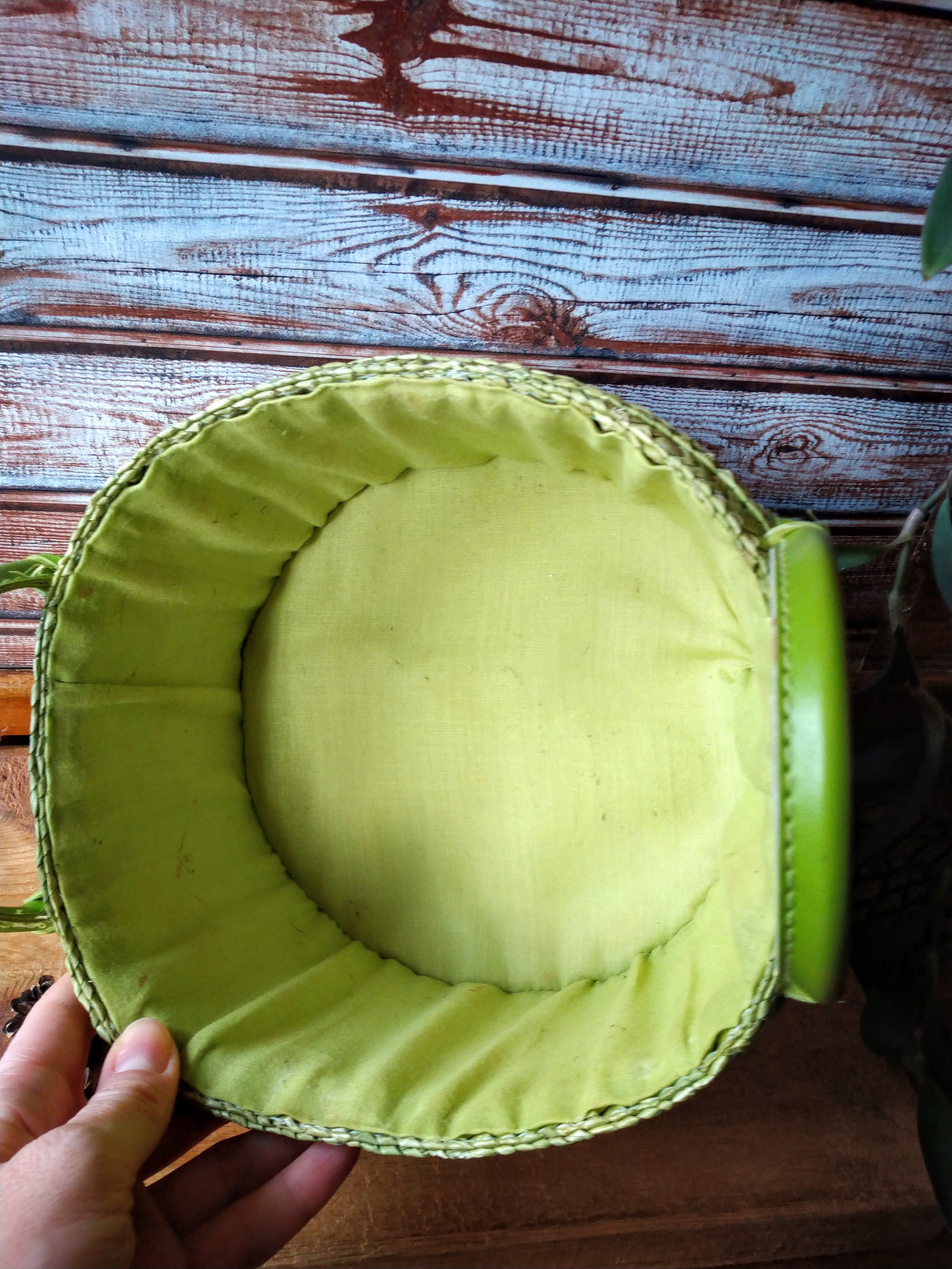 Vintage Oval Green Woven Basket With Fabric Liner and Handles - Etsy