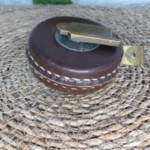 Antique brass and leather tape measure, 5 meters tape measure, Vintage collectible
