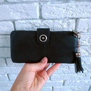 Cartera vintage de mujer de piel auténtica negra con borla, ranura para tarjetas, bolsillos para monedas, cartera para mujer.