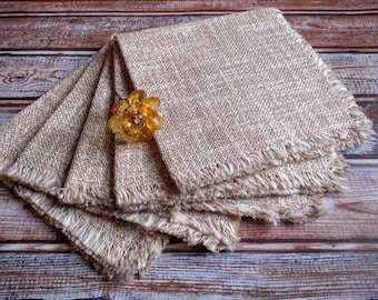 Vintage set of 5  linen fringe napkins, Unused, Cloth napkins, Linen napkins,  Dinner napkins, Reusable napkins, Linen.