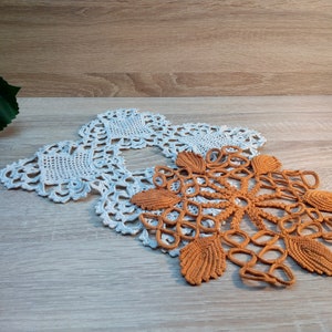 Vintage set of two orange and beige doily crochet laces, Old handmade doily coasters, Grandmacore.
