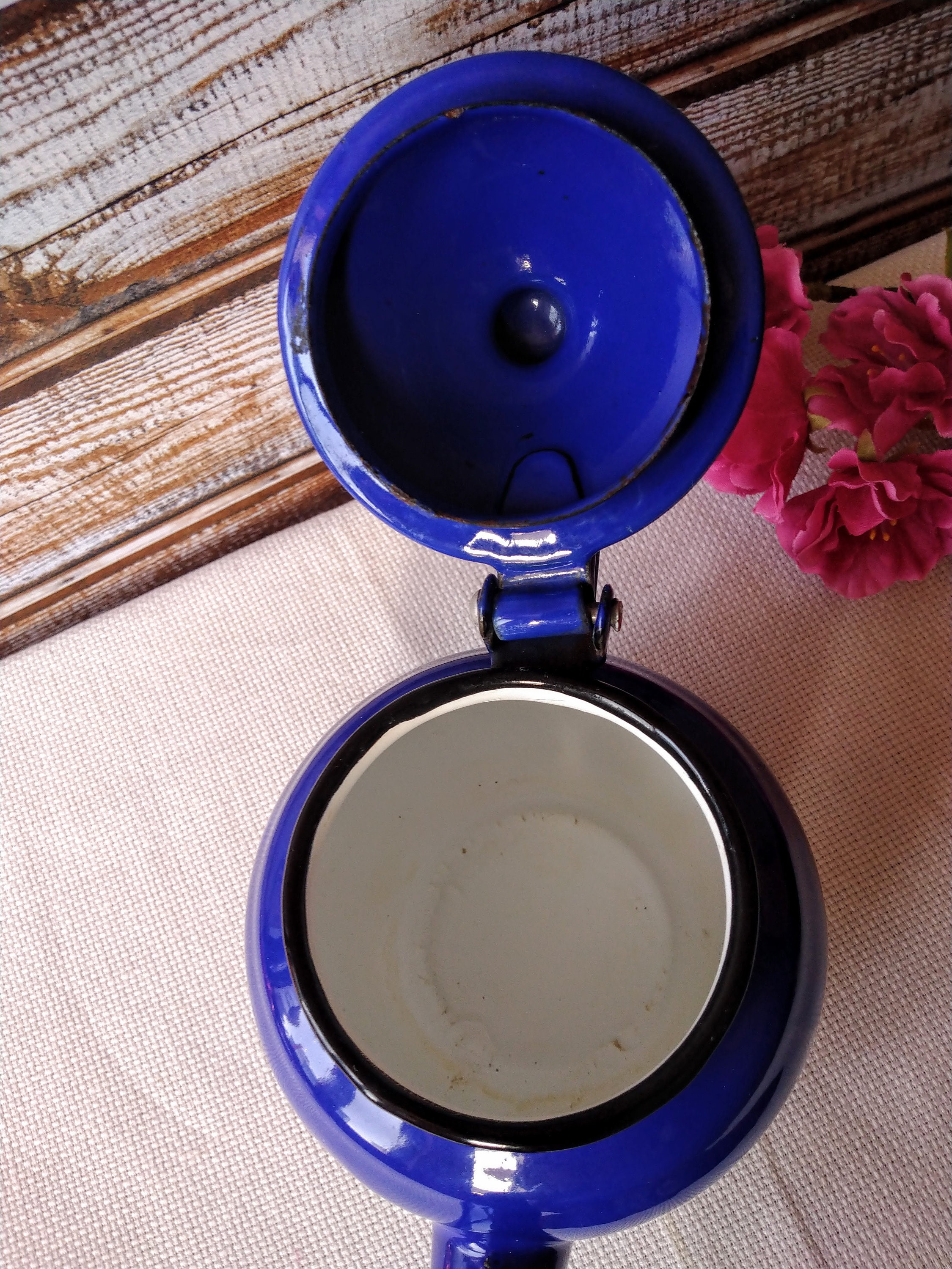 Vintage blue tea kettle with white flower Tea Kettle Antique Etsy