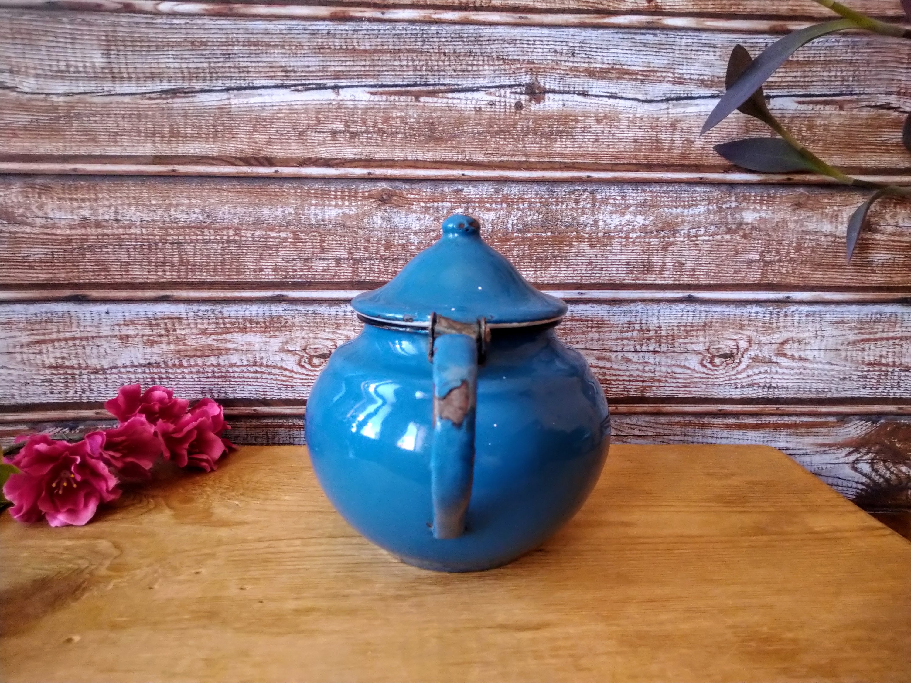 Vintage Small Blue Tea Kettle Blue Enamelware Tea Kettle Etsy