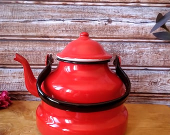 Enamelware Kettle Vintage Red Enamel Teapot, Vintage