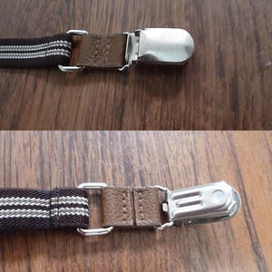 Vintage Brown & White Striped Button Suspenders, Adjustable Elastic Y-Back, 5/8&quot; (1.7 cm) Wide