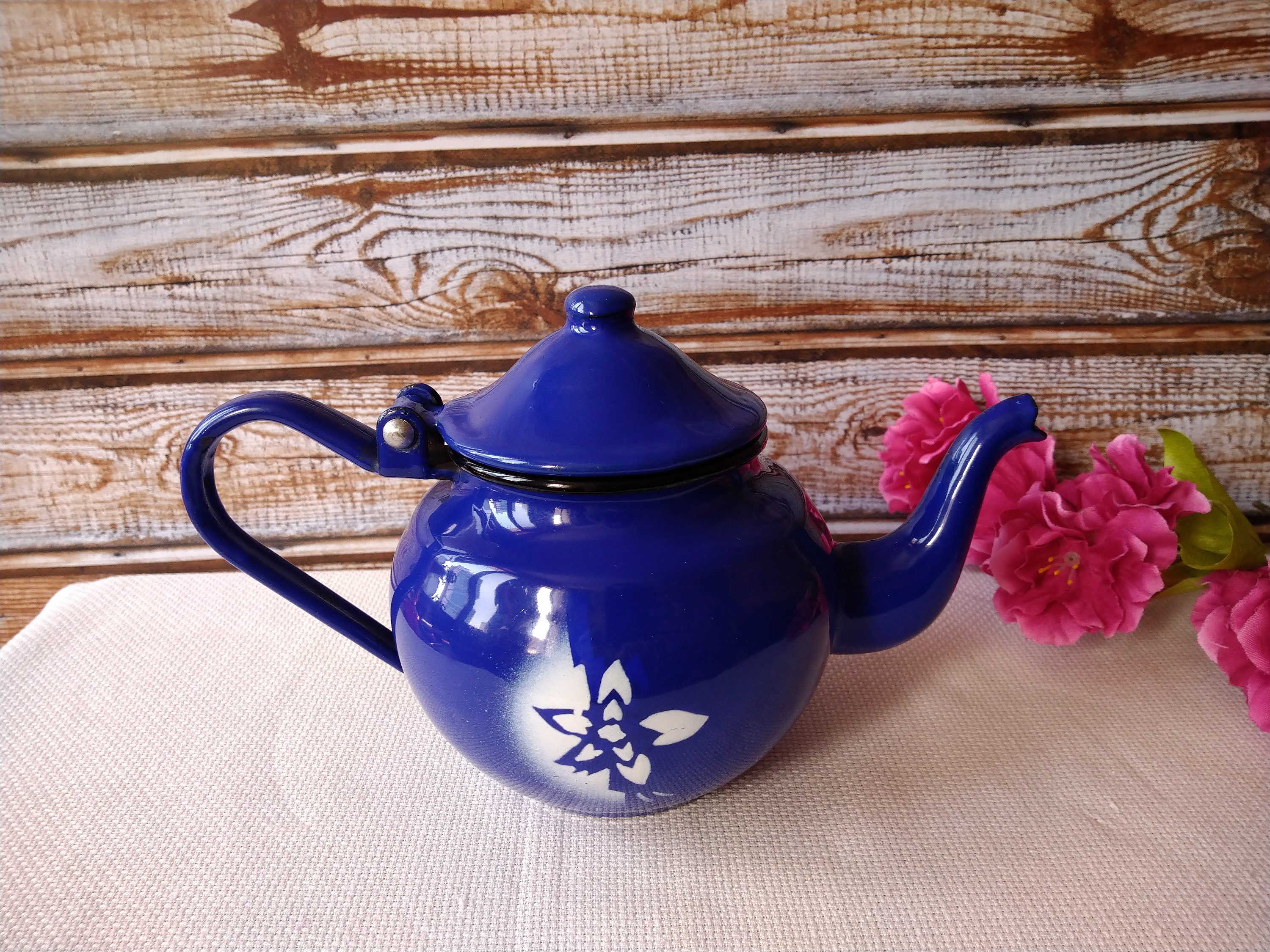 Vintage Blue Tea Kettle With White Flower, Tea Kettle, Antique Tea