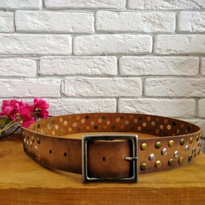90s Vintage Brown Studded belt, Three colors of metal studs, Leather belt, Studded belt, Fits 31-35 in (80-90 cm)