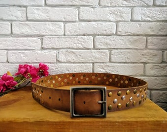 90s Vintage Brown Leather Studded Belt: Fits 31-35 in