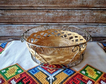 Vintage metal stand with handles and wicker inner basket, Metal stand.