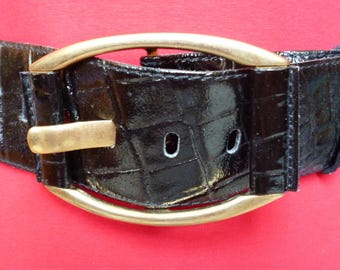 Vintage Brown Patent Leather Reptile Croc Embossed Belt/fits  display picture 1