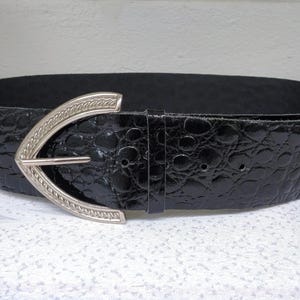 Vintage Black Cinch Patent Leather Belt, Fits 33-37&quot; (86-96 cm), Silver Buckle, Wide Waist Belt, Statement Belt