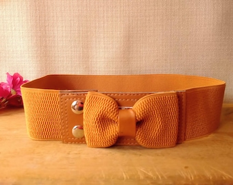 Vintage Brown Stretch Waist Belt with Ribbon Bow, Elegant Women's Elastic Belt