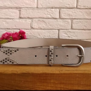 Vintage Gray Studded Vegan Leather Belt, Fits 33-37&quot; (85-95 cm)