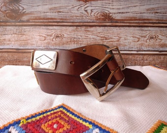Vintage Brown Leather Belt with Silver Buckle - Made in Germany