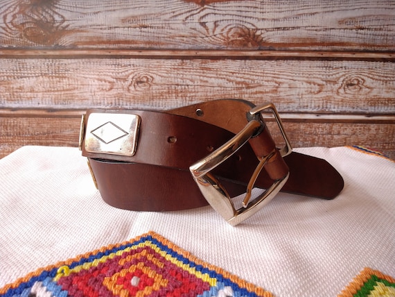 Vintage Brown Leather Belt With Silver Buckle - Made in 
