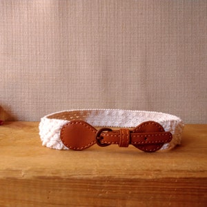 Vintage machine woven stretch cream belt with brown leather tabs Extra small belt Elastic belt