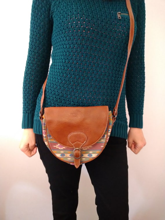 Vintage Ecote Brown Leather Tapestry Women's Crossbody
