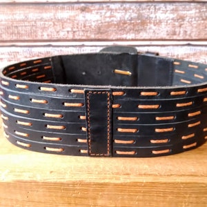 Vintage black six layered leather belt with D ring covered buckle, Fits 24”-28”, Cinch belt, Leather accessories.