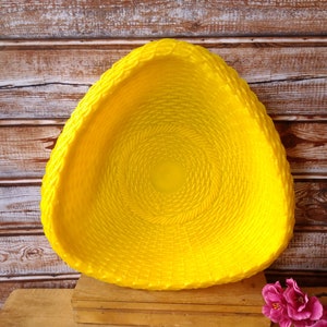 Vintage sunshine yellow plastic triangle bowl, Yellow plate, Plastic platter, Decorative bowl.
