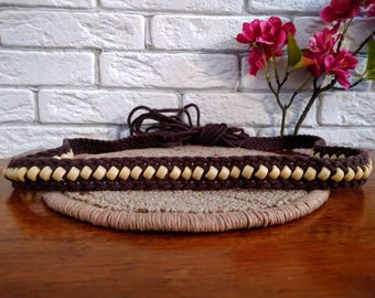 Vintage Knitted Brown Belt: Boho Rope & Plastic Bead Tie