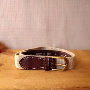 Vintage Cyrillus Leather & Canvas Belt, Fits 21-24 (55-62 cm), Made in France, Small Leather Tabs Belt