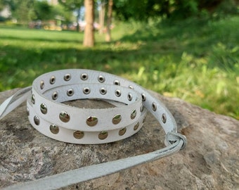 Vintage skinny white riveted women's belt, Thin tie up vegan leather belt, Leather waist belt, Leather gift.