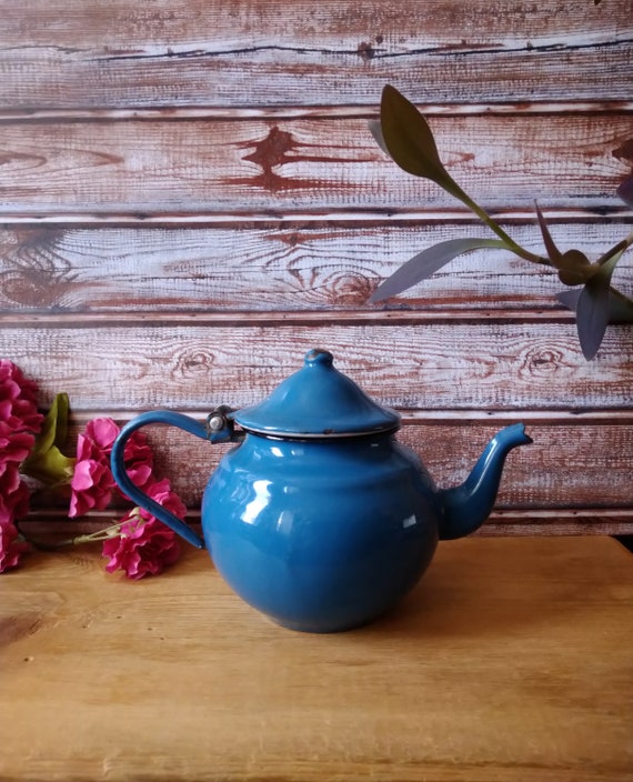 Vintage Small Blue Tea Kettle, Blue Enamelware, Tea Kettle