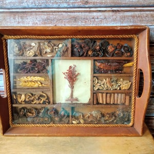 Vintage wooden tray decorated with dried plants and fruits under glass, Trinket tray, Vanity tray, Wood tray, Rectangle tray, Hand made tray