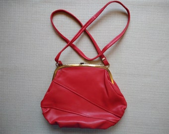 Vintage framed red leather purse, Leather clutch, Leather bag, Crossbody bag, Shoulder bag.