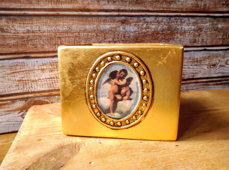 Vintage gold color square pot/planter, Gold cachepot decorated with a painting by a famous French artist, Gold cachepot. image 1