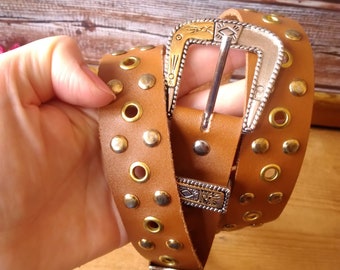Dark Brown Leather Western Silver Square Circle Studded  display picture 2