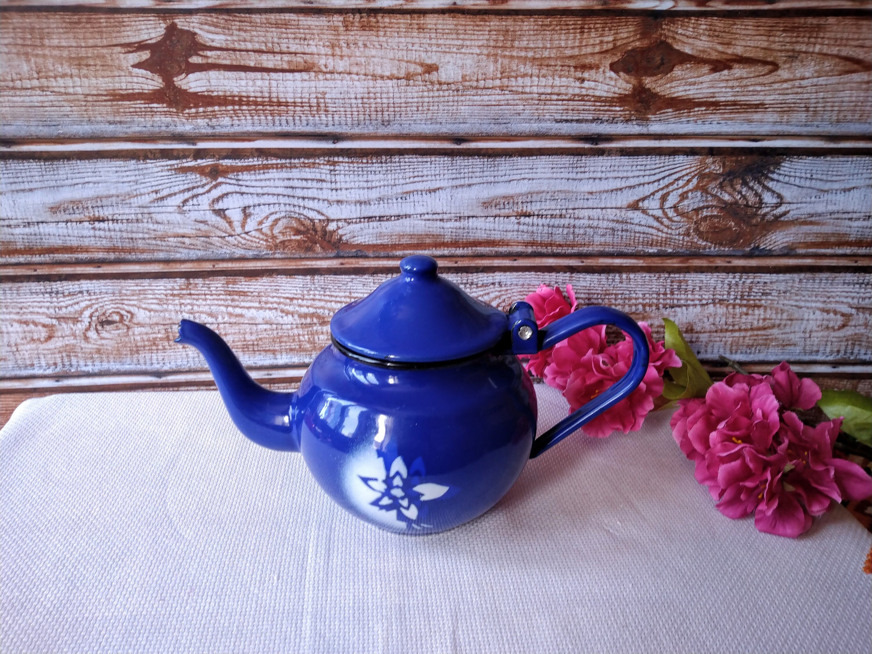 Vintage Blue Tea Kettle With White Flower Tea Kettle Antique Etsy