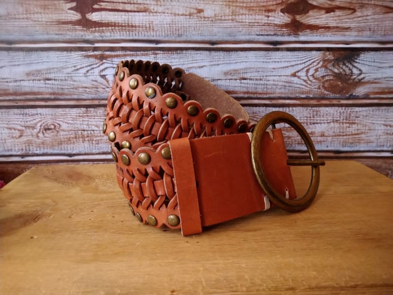 Vintage Brown Braided Leather Belt: Studded Ring Buckle  display picture 1