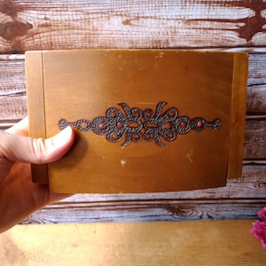 Vintage wooden box with hinged lid and lining, Trinket box, Treasure chest, Vintage jewelry box, Wooden jewelry box.