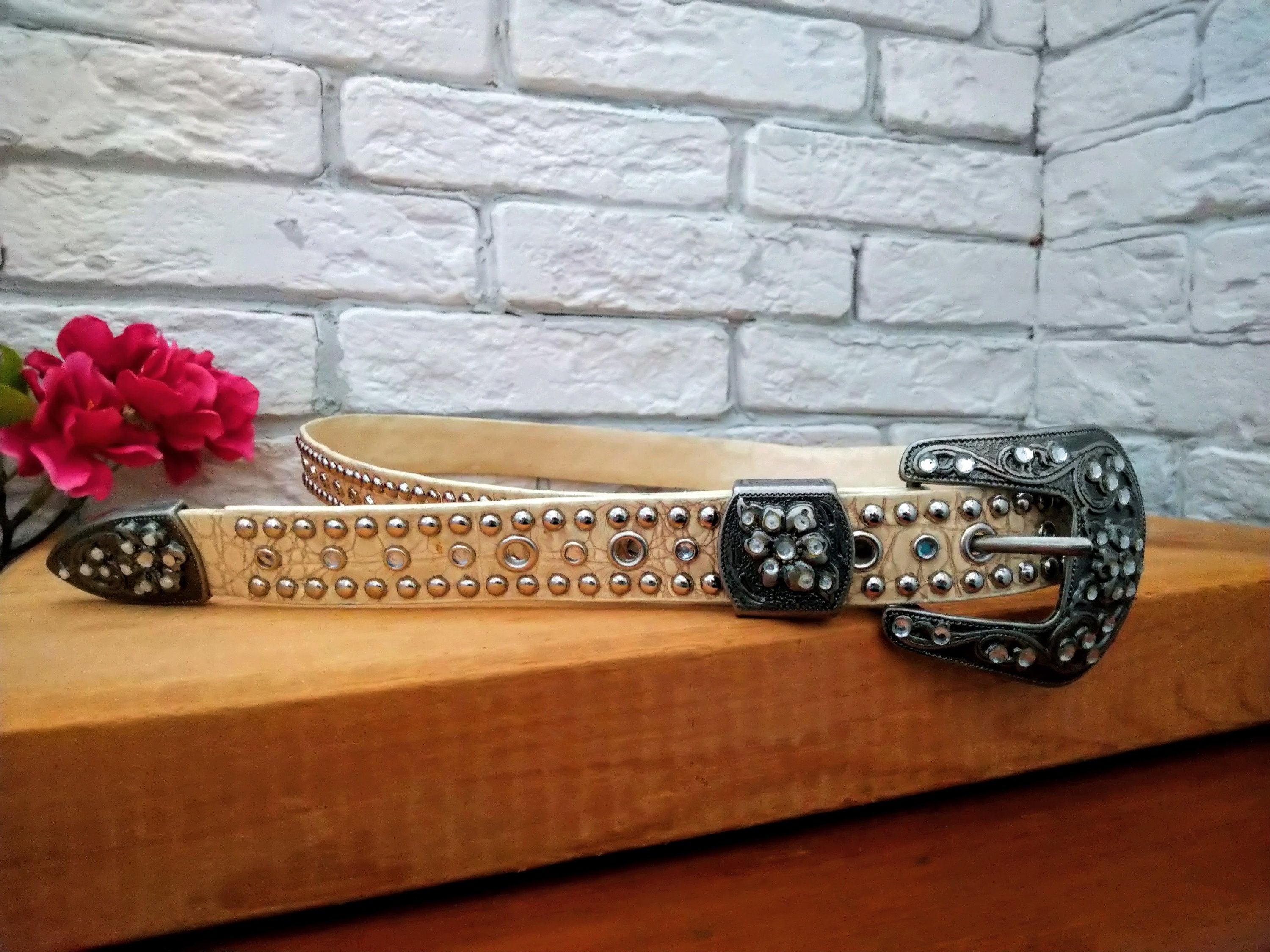 Vintage Cream Studded Belt: Rhinestone Buckle, Fits 31-35  display picture 2