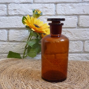 Antique 1900s Amber Glass Apothecary Medicine Bottle with Glass Stopper