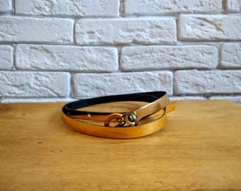Vintage Gold Patent Leather Skinny Belt: Metallic Glam Style (25-30 Inches)