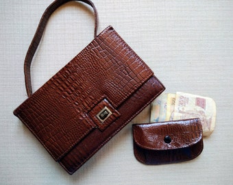 Brown vintage leather top handle bag and coin purse set, Small leather handbag.