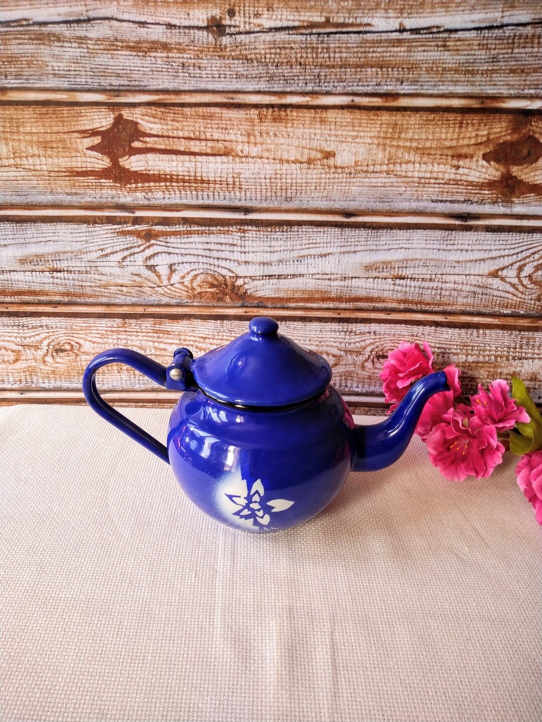 Vintage Blue Tea Kettle With White Flower, Tea Kettle, Antique Tea
