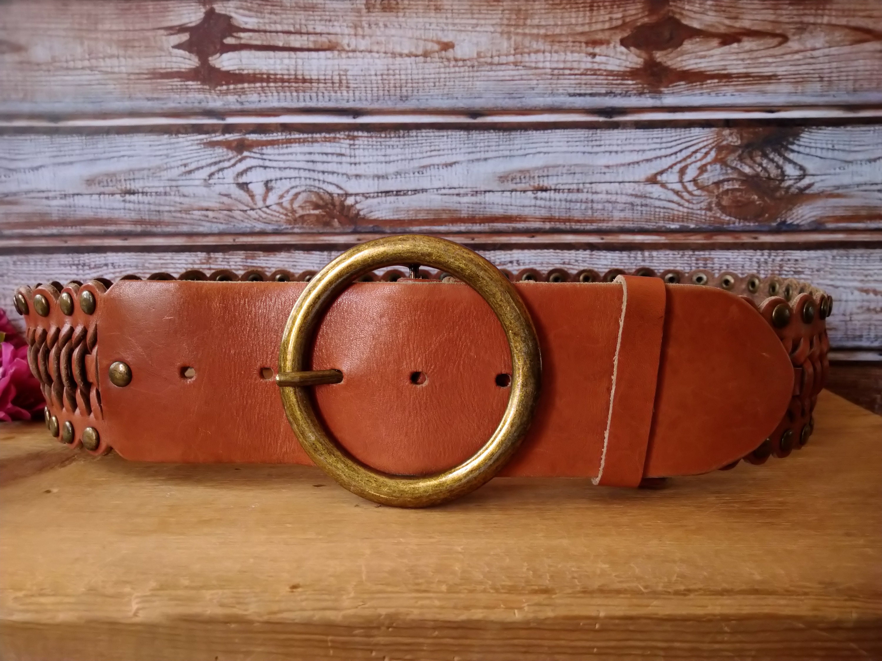 Vintage Brown Braided Leather Belt: Studded Ring Buckle  display picture 3