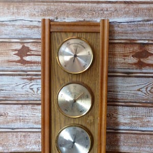 Vintage Regen Veränderlich Schön Weather Station, West Germany, 1970s, Wood & Brass Wall Barometer